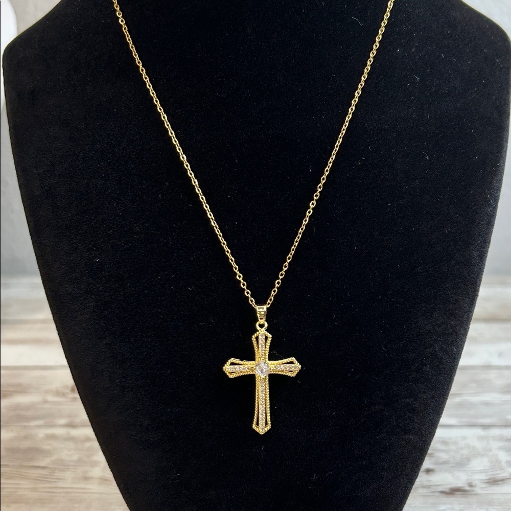 Stainless Steel Gold Cross Pendant Necklace with CZs